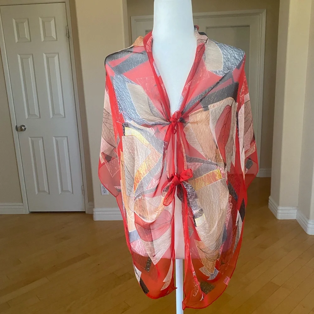 Vibrant Red Leaf Patterned Scarf Sarong Wrap